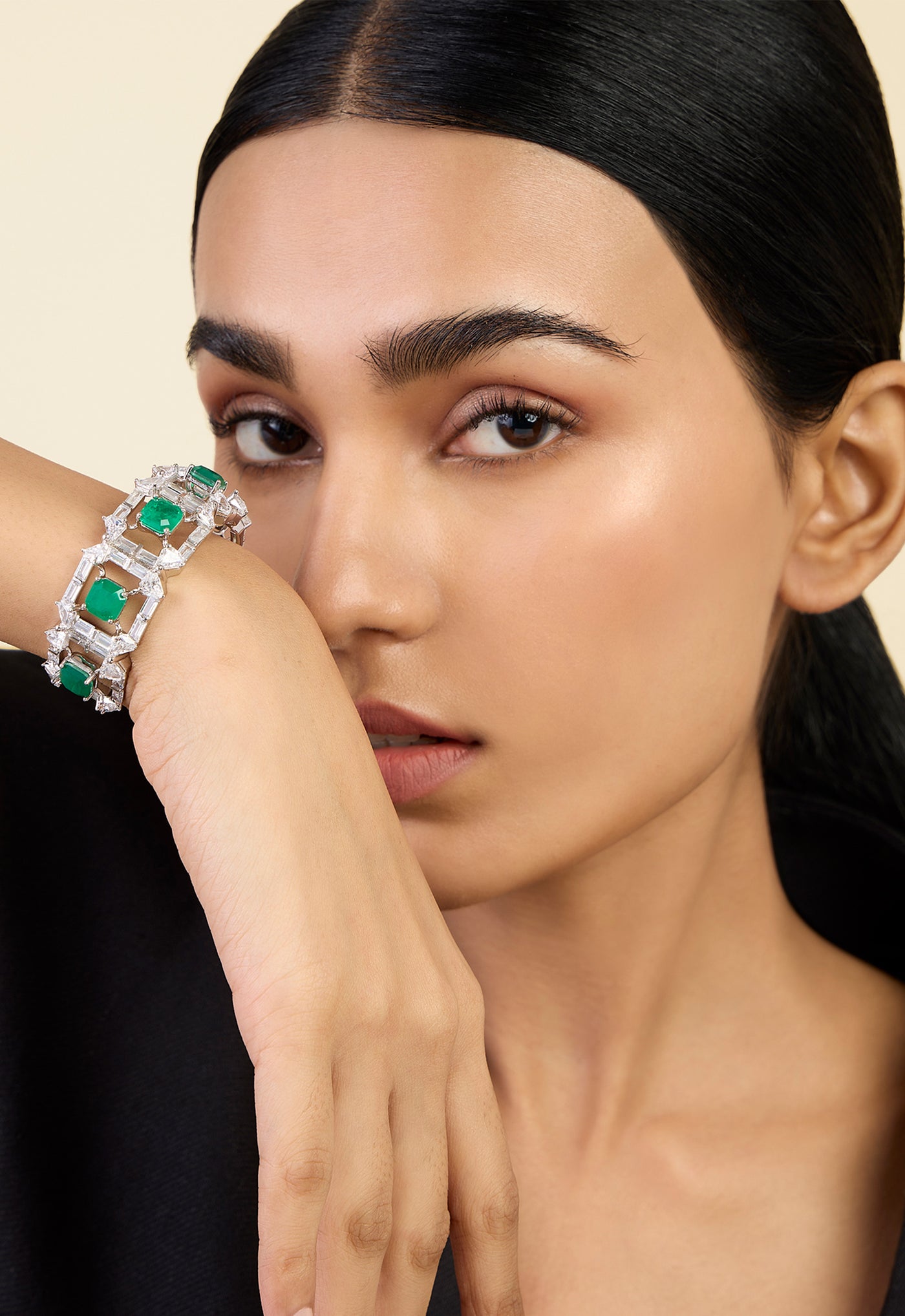 Isharya Emerald Halo Cuff  In Rhodium Plating indian designer wear online shopping melange singapore