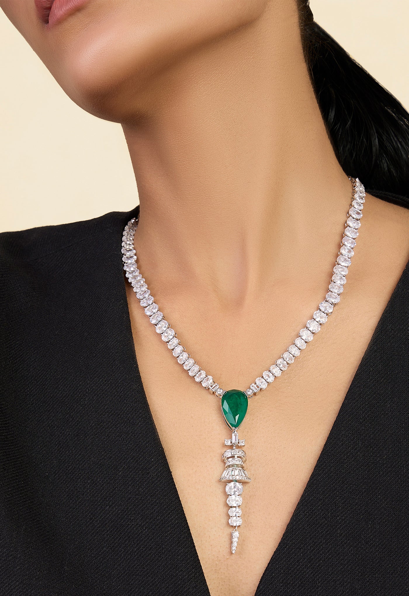 Isharya Emerald Princess Lariat In Rhodium Plating indian designer wear online shopping melange singapore