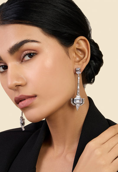 Isharya Luxe Enamel CZ Dangler Earrings In Rhodium Plating indian designer wear online shopping melange singapore