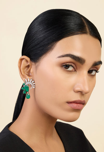 Isharya Mor Emerald Statement Studs In Rhodium Plating indian designer wear online shopping melange singapore