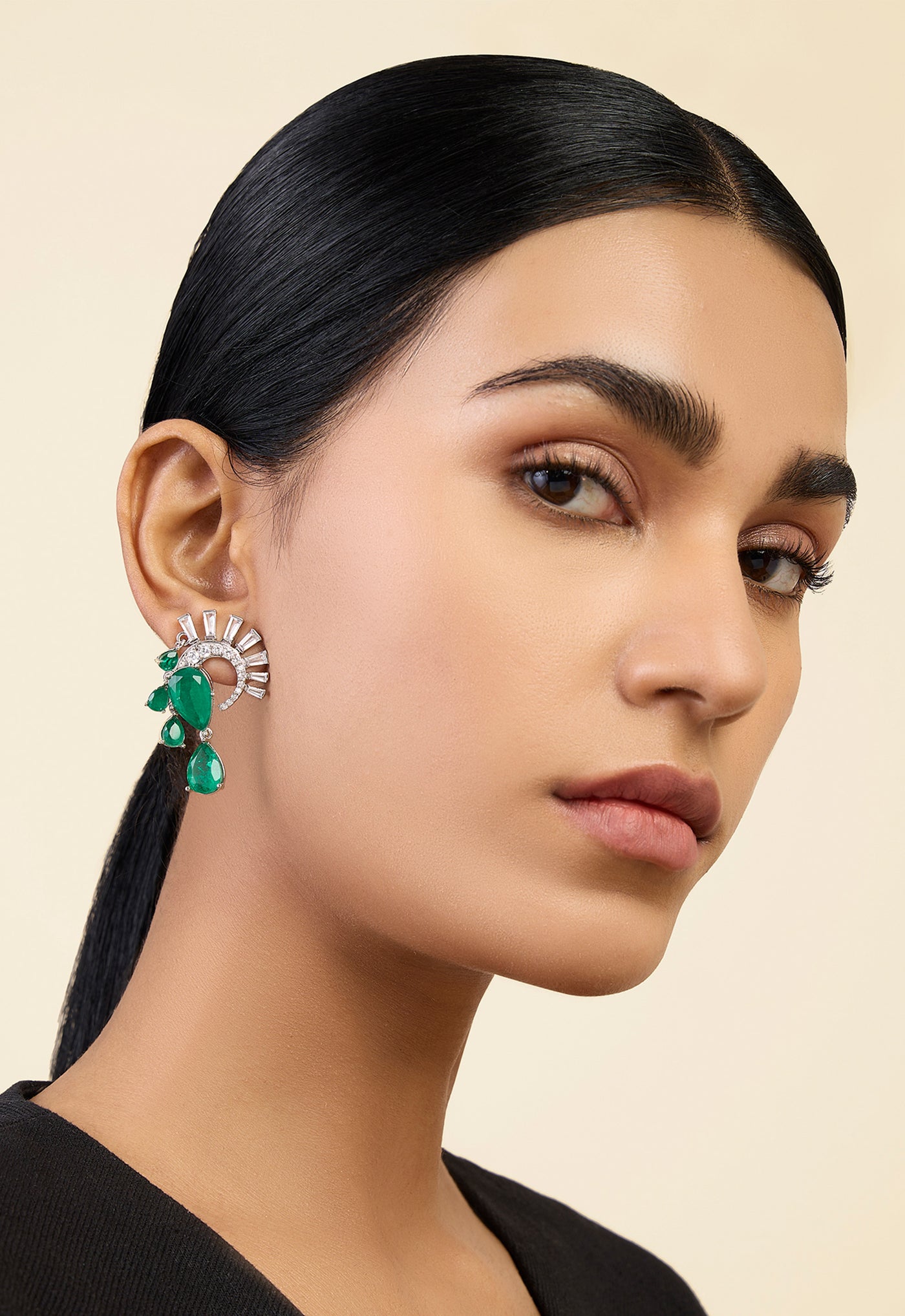 Isharya Mor Emerald Statement Studs In Rhodium Plating indian designer wear online shopping melange singapore