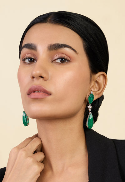 Isharya Pear Cut Emerald Drop Earrings In Rhodium Plating indian designer wear online shopping melange singapore