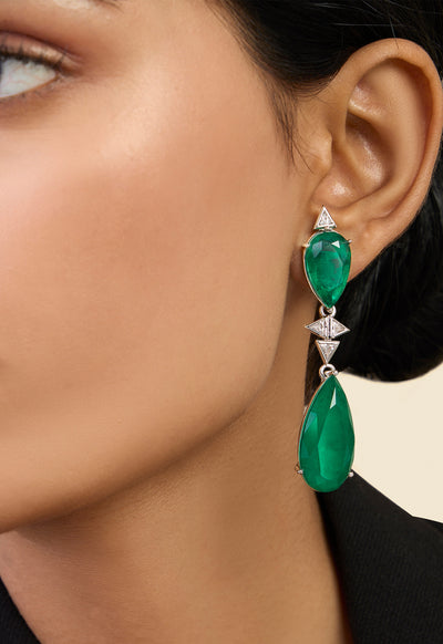 Isharya Pear Cut Emerald Drop Earrings In Rhodium Plating indian designer wear online shopping melange singapore