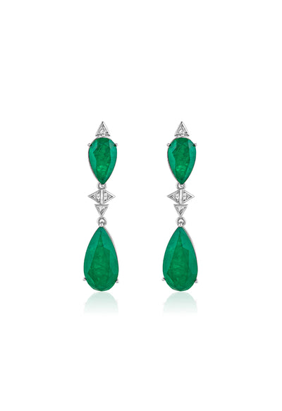 Isharya Pear Cut Emerald Drop Earrings In Rhodium Plating indian designer wear online shopping melange singapore