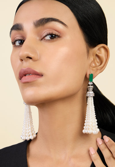 Isharya Pearls And Emeralds Tassel Earrings In Rhodium Plating indian designer wear online shopping melange singapore