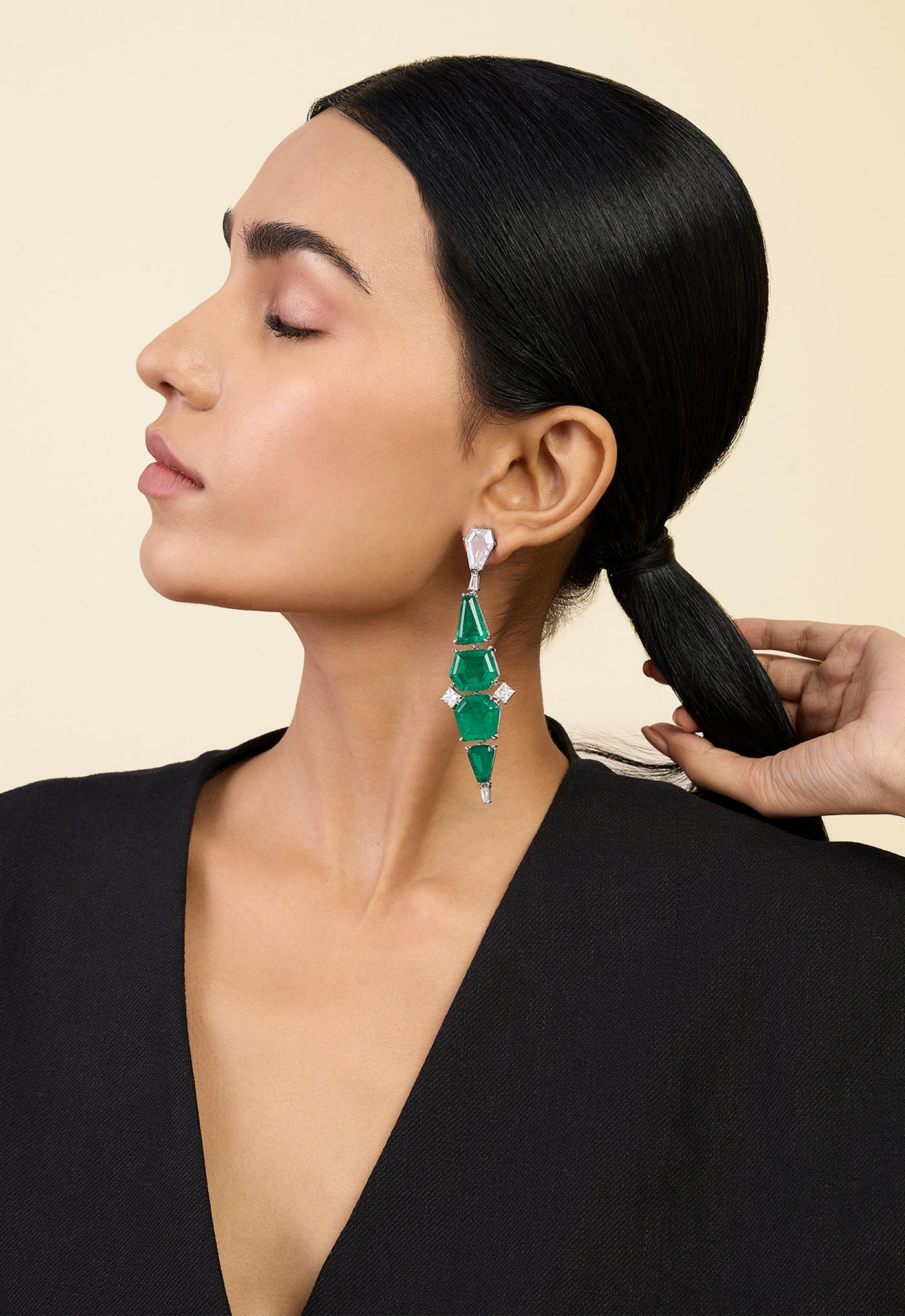 Isharya Quadruple Emerald Dangler Earrings In Rhodium Plating indian designer wear online shopping melange singapore