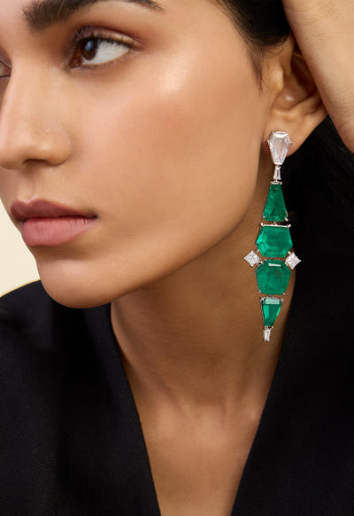 Isharya Quadruple Emerald Dangler Earrings In Rhodium Plating indian designer wear online shopping melange singapore