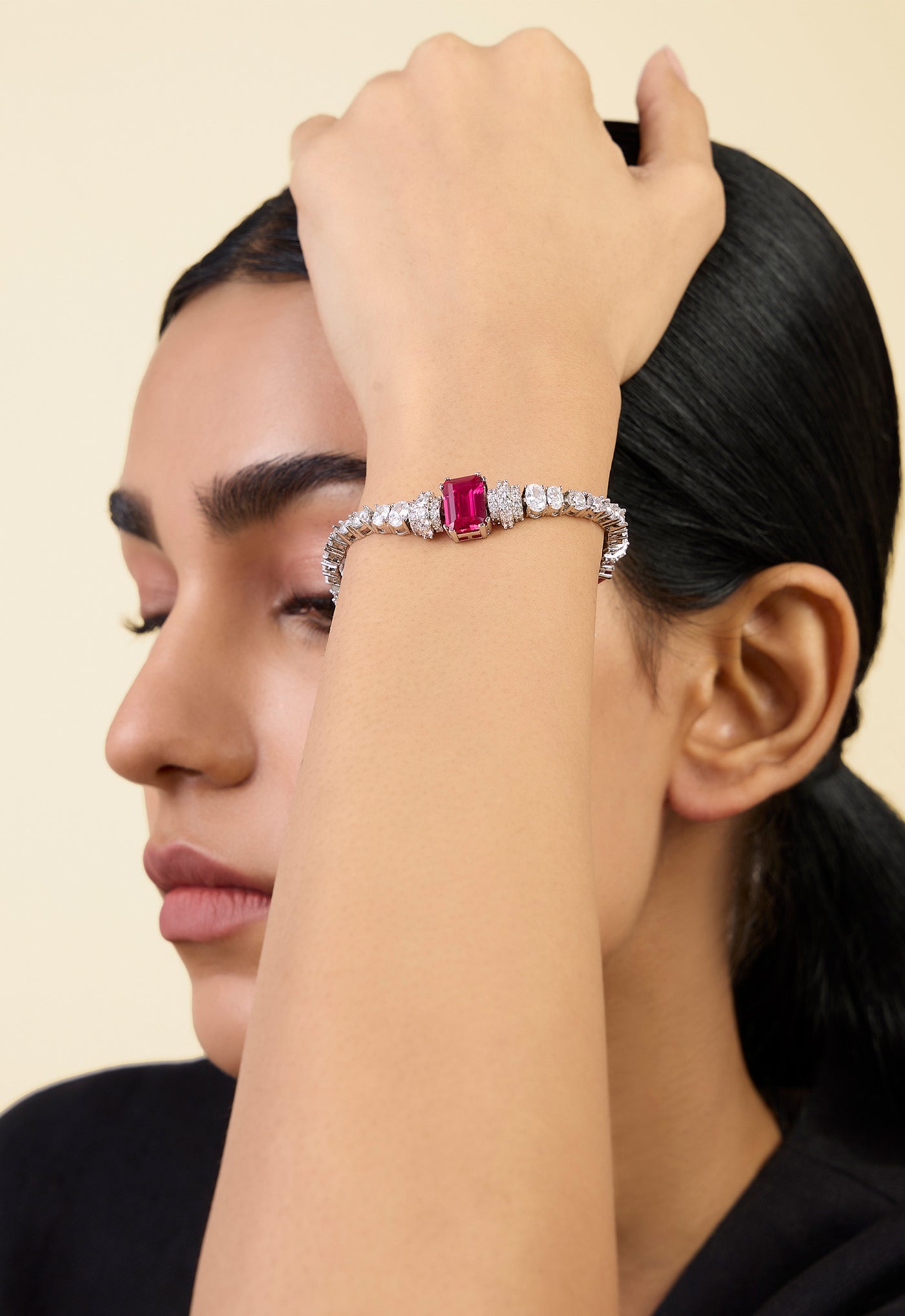 Isharya Ruby Corumdum Tennis Bracelet In Rhodium Plating indian designer wear online shopping melange singapore