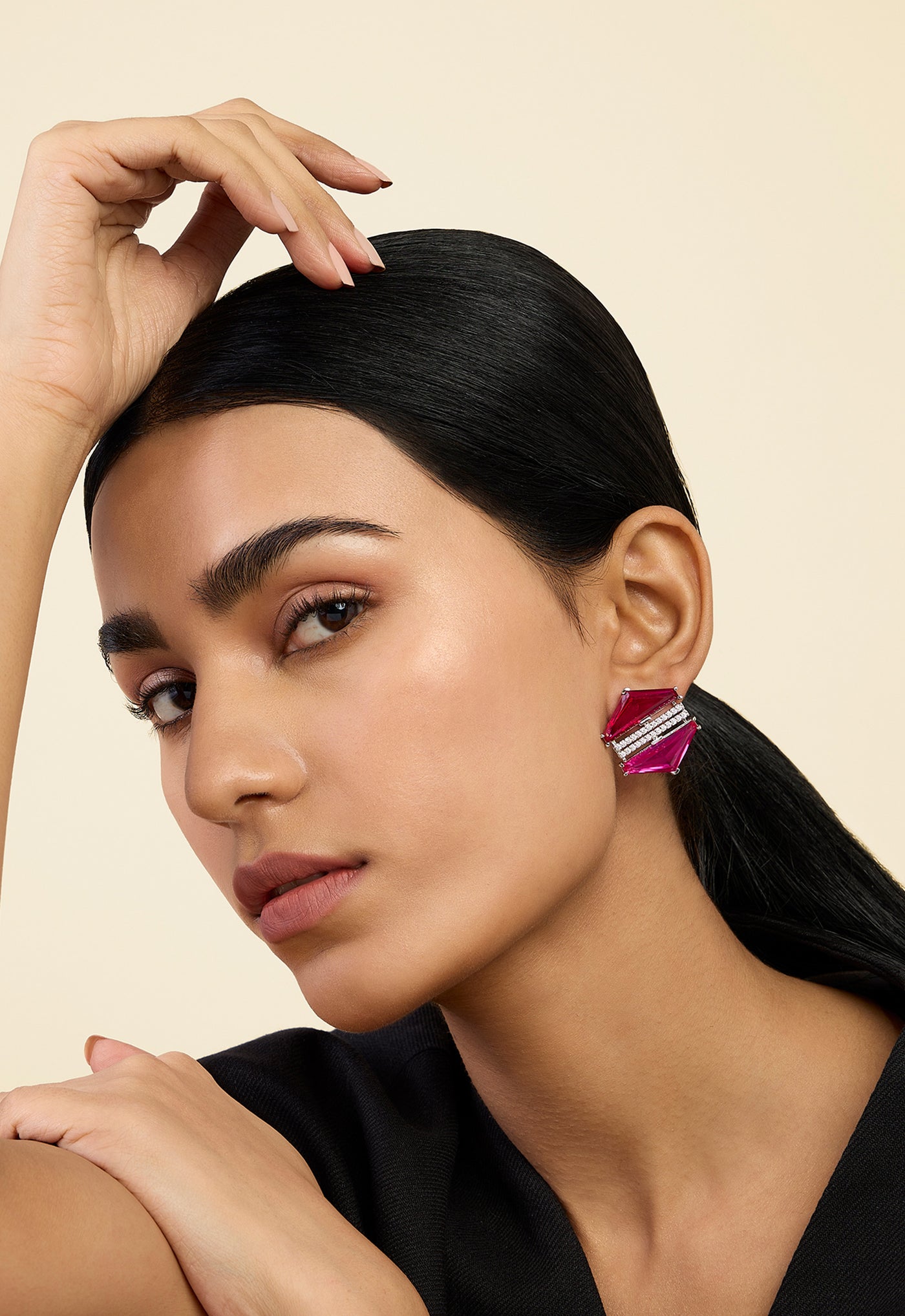 Isharya Ruby Corumdum & Pink Tourmaline Earrings In Rhodium Plating indian designer wear online shopping melange singapore