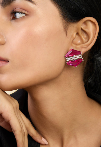 Isharya Ruby Corumdum & Pink Tourmaline Earrings In Rhodium Plating indian designer wear online shopping melange singapore