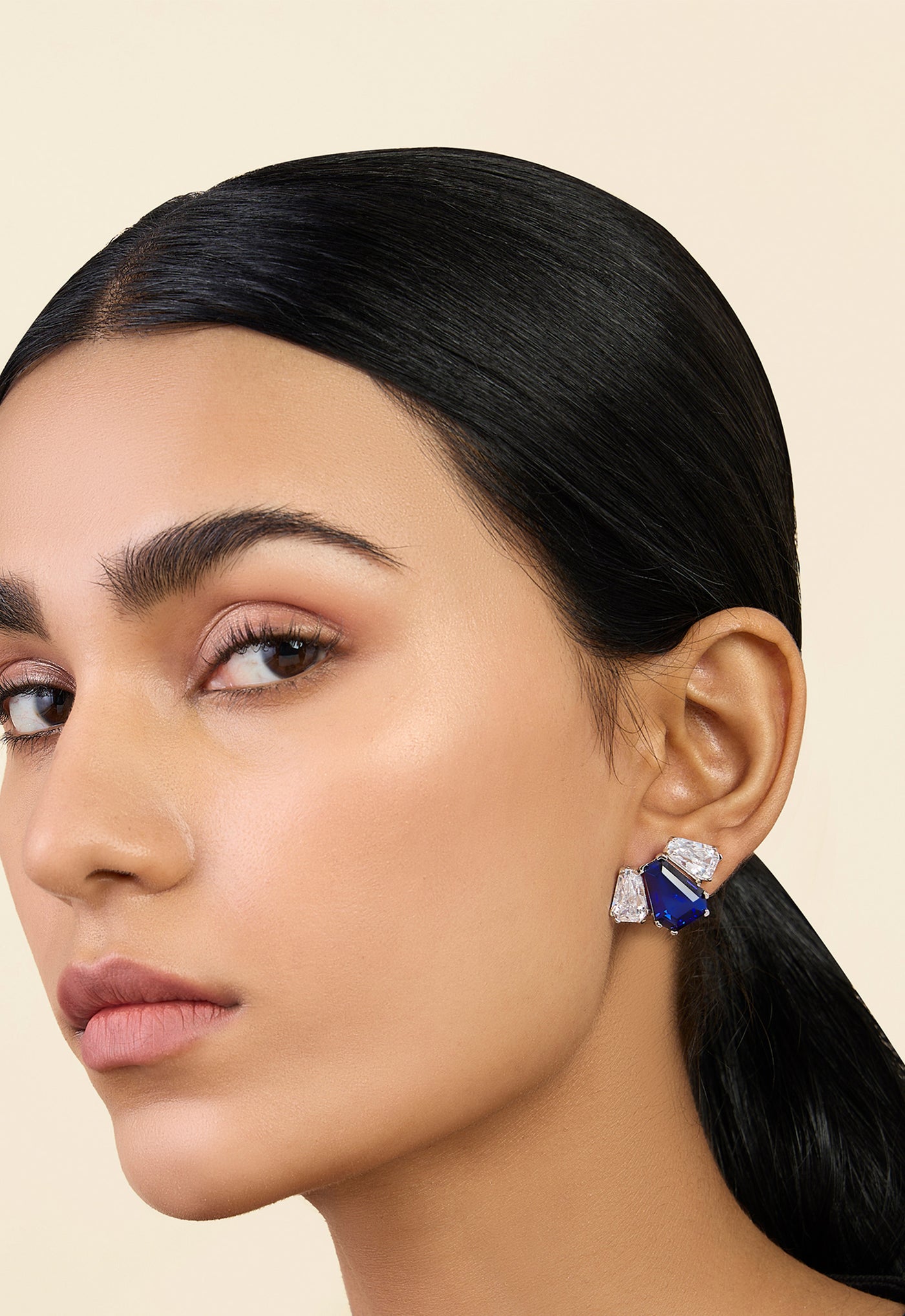 Isharya Triple Stone Blue Corumdum Studs In Rhodium Plating indian designer wear online shopping melange singapore