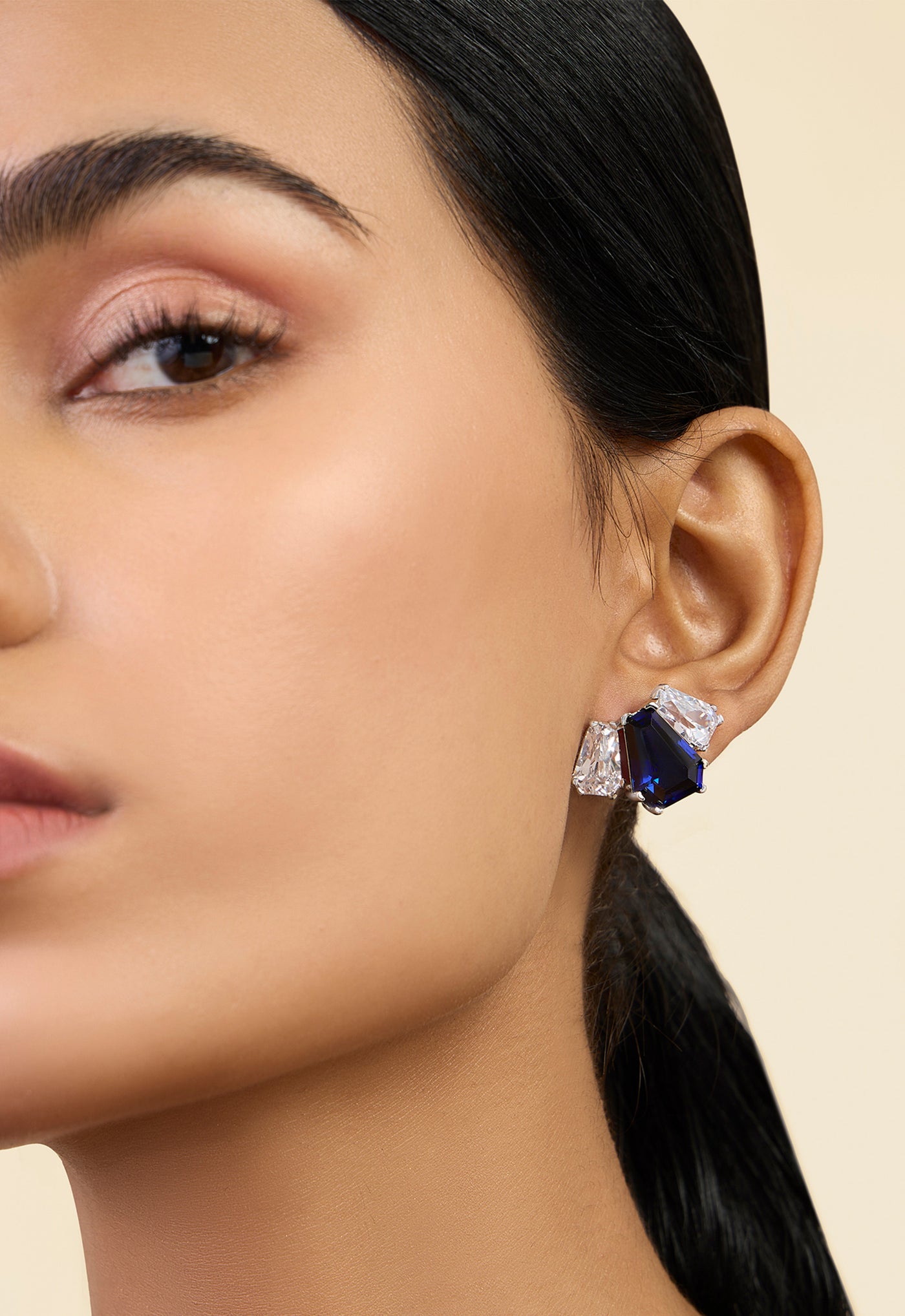 Isharya Triple Stone Blue Corumdum Studs In Rhodium Plating indian designer wear online shopping melange singapore