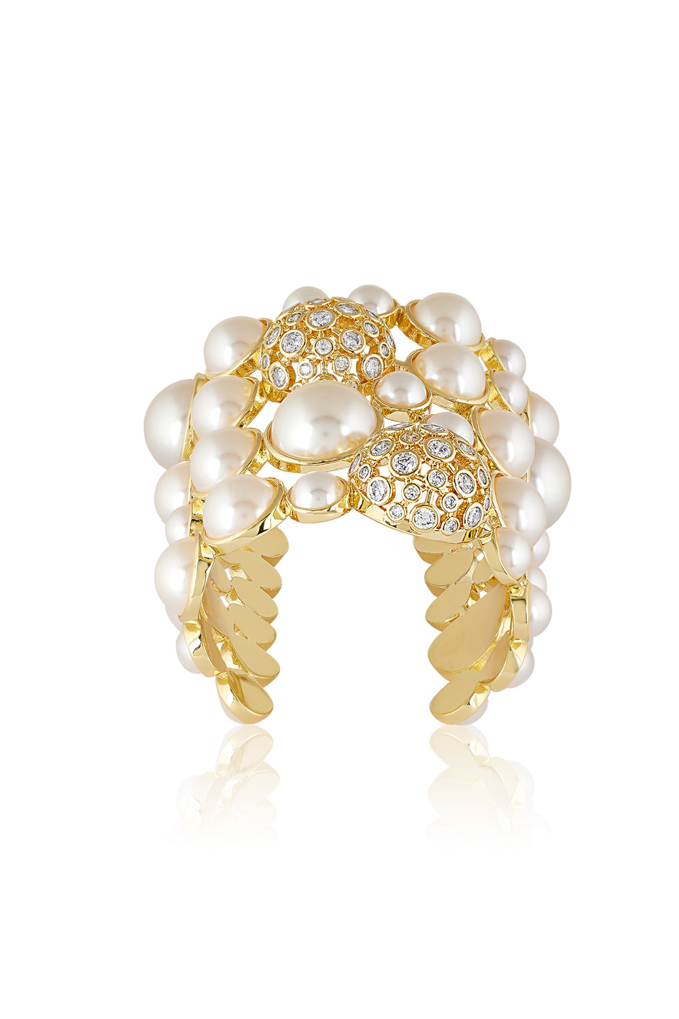 Isharya White Crystal Ball Pearl Statement Cuff In 18Kt Gold Plated indian designer wear online shopping melange singapore