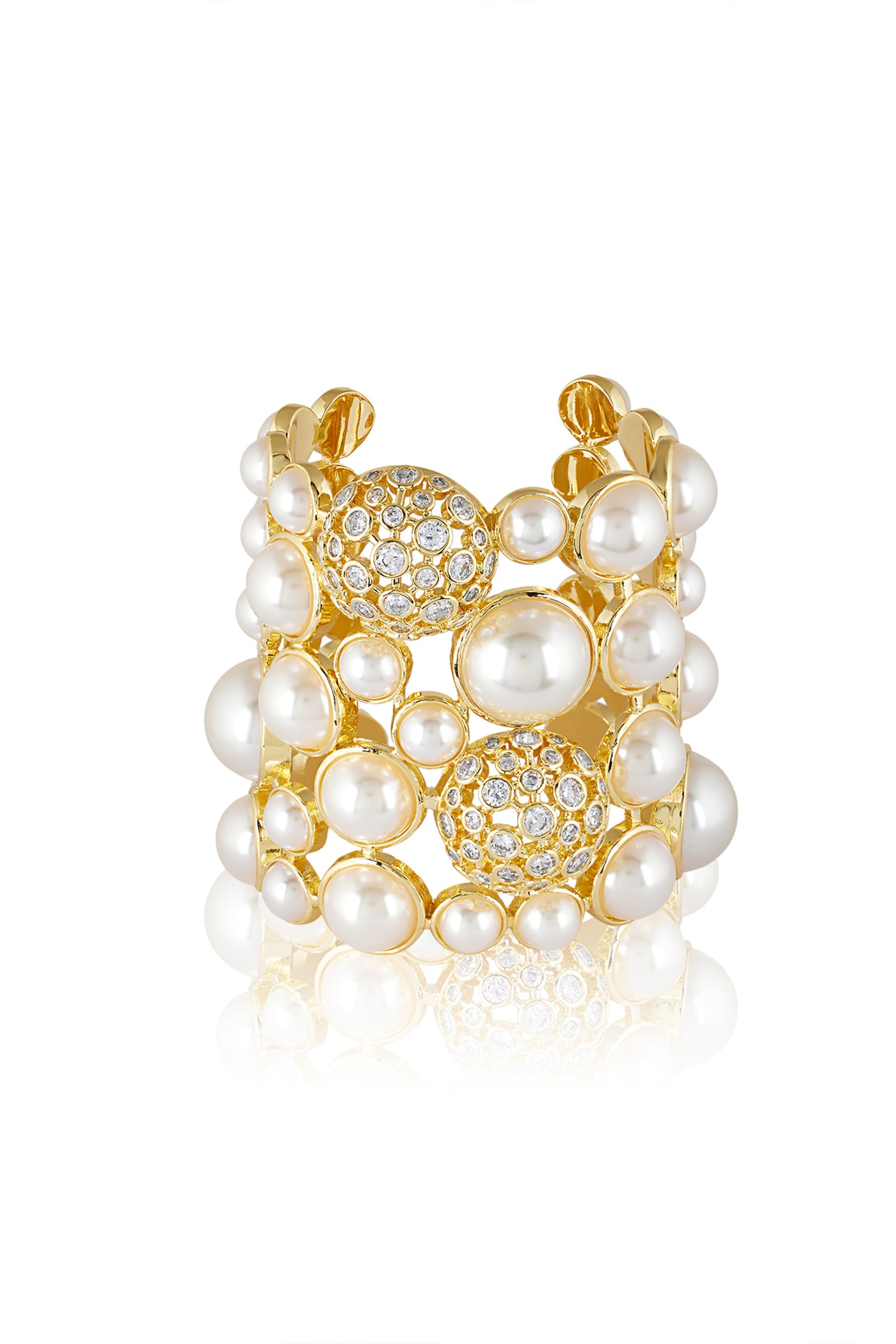 Isharya White Crystal Ball Pearl Statement Cuff In 18Kt Gold Plated indian designer wear online shopping melange singapore