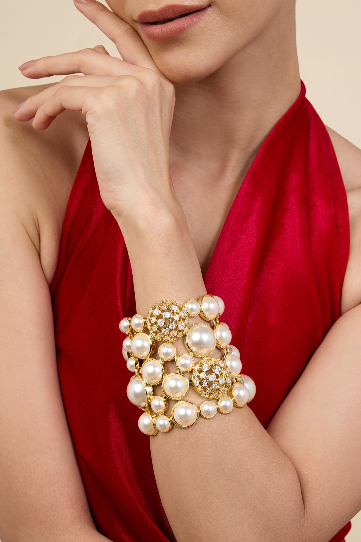 Isharya White Crystal Ball Pearl Statement Cuff In 18Kt Gold Plated indian designer wear online shopping melange singapore