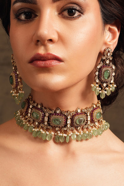 Joules by Radhika Antique Green Choker Necklace Set indian designer wear online shopping melange singapore