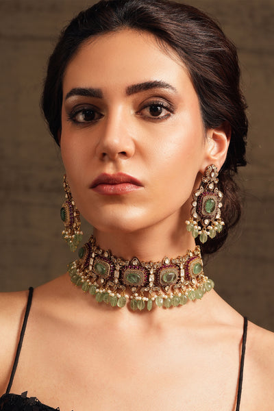 Joules by Radhika Antique Green Choker Necklace Set indian designer wear online shopping melange singapore