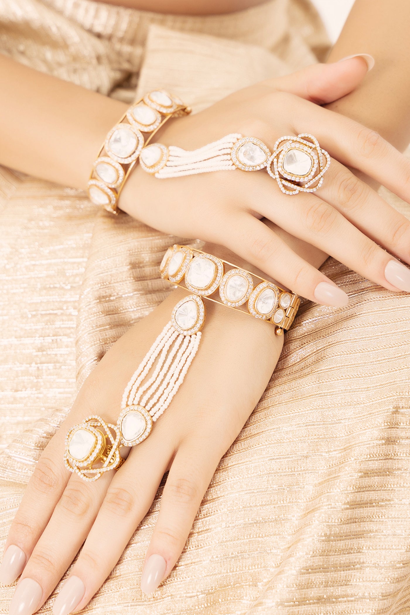 Joules by Radhika Polki-Pearl White Harness Bracelets indian designer wear online shopping melange singapore