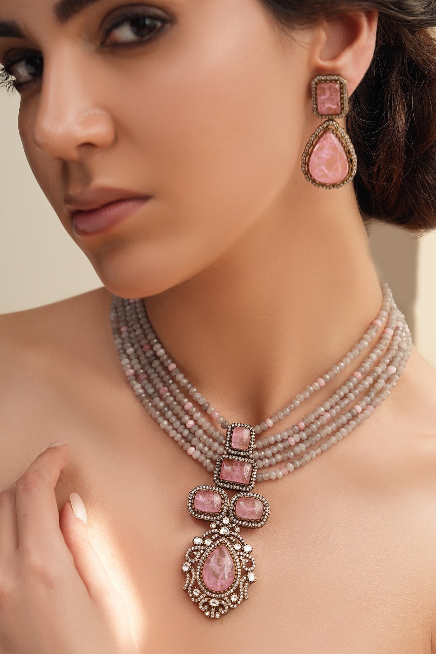 Joules by Radhika Rosy Grey Necklace Set indian designer wear online shopping melange singapore