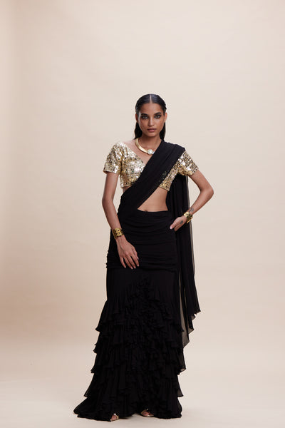 Kangana Trehan Black Ruffle Saree indian designer wear online shopping melange singapore