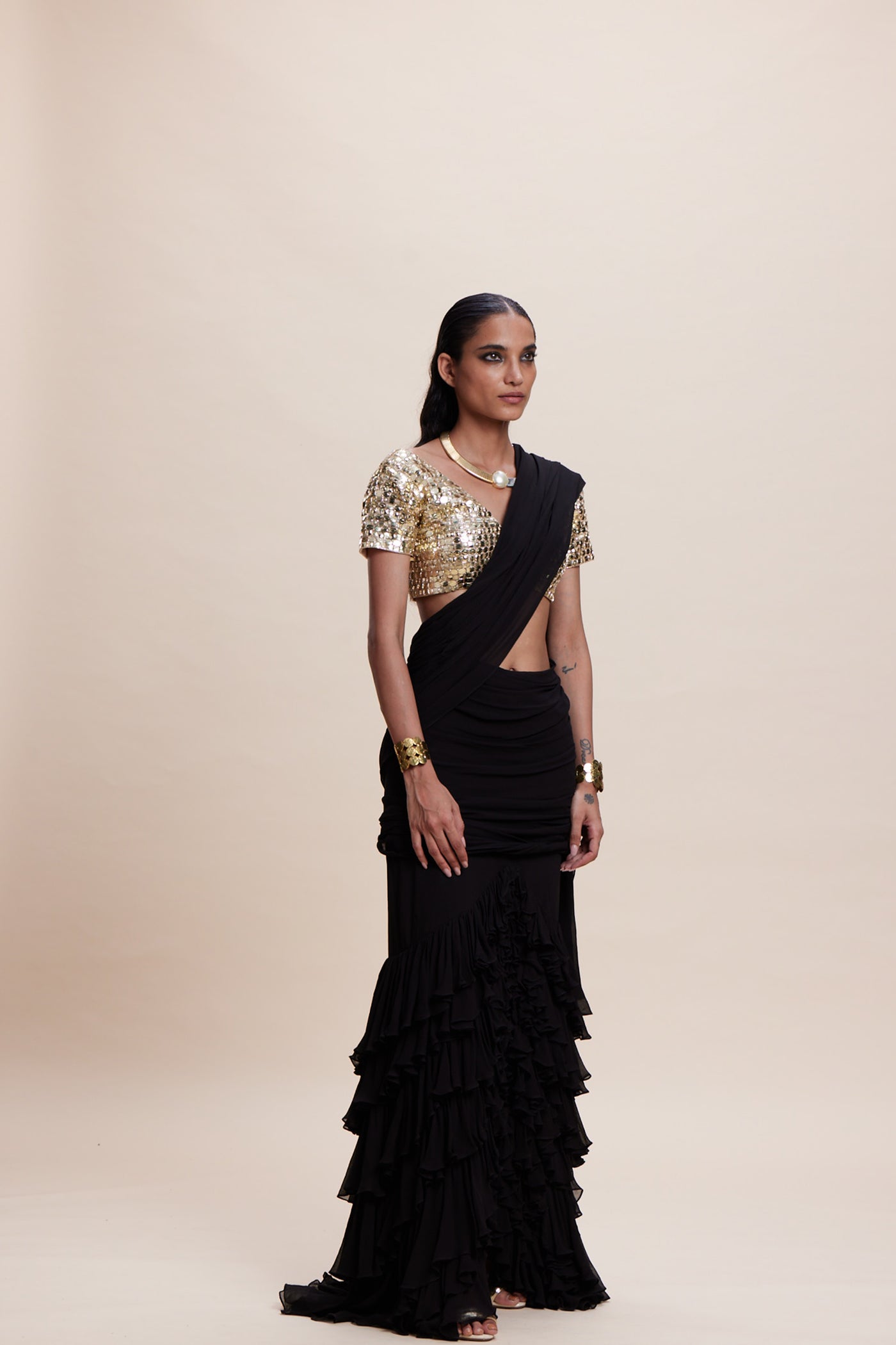 Kangana Trehan Black Ruffle Saree indian designer wear online shopping melange singapore