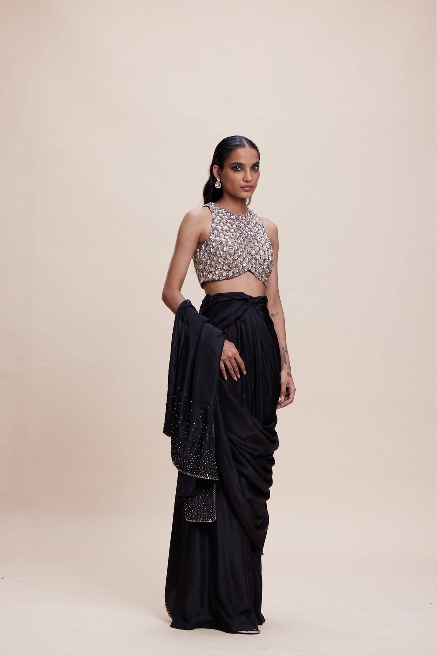 Kangana Trehan Black Sari with Embellished Blouse indian designer wear online shopping melange singapore