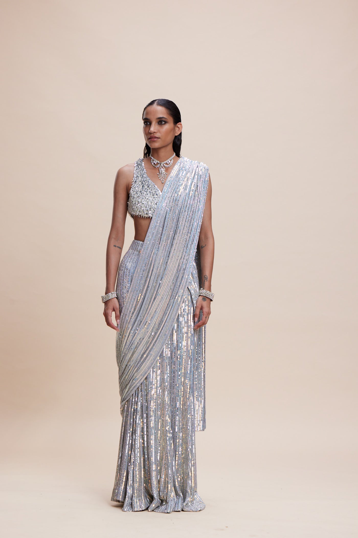 Kangana Trehan Blue Sequin Saree indian designer wear online shopping melange singapore