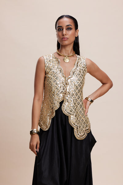 Kangana Trehan Golden Embellished Jacket And Black Dhoti Set indian designer wear online shopping melange singapore