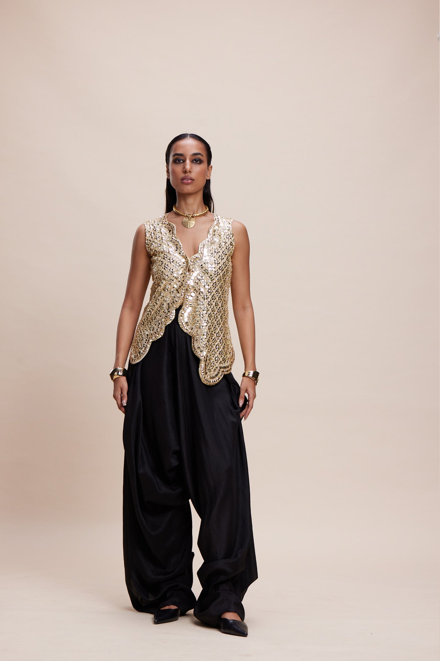 Kangana Trehan Golden Embellished Jacket And Black Dhoti Set indian designer wear online shopping melange singapore