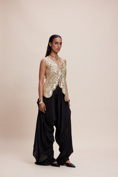 Kangana Trehan Golden Embellished Jacket And Black Dhoti Set indian designer wear online shopping melange singapore