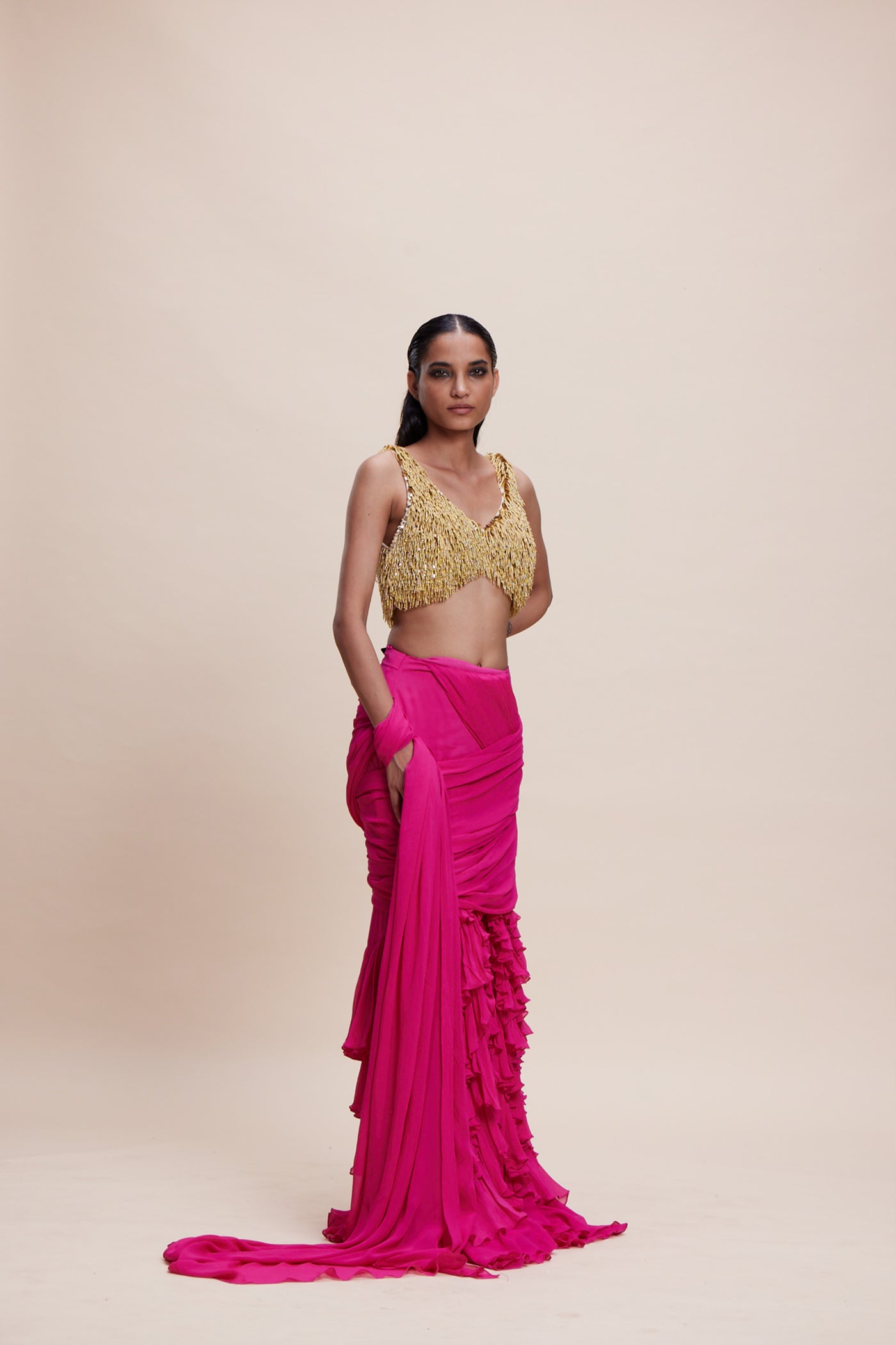 Kangana Trehan Hot Pink Saree with Gold Blouse indian designer wear online shopping melange singapore