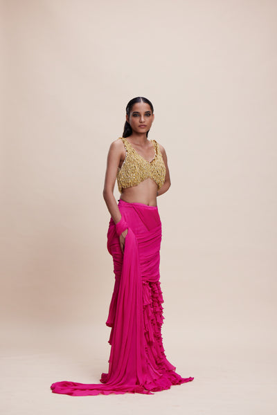 Kangana Trehan Hot Pink Saree with Gold Blouse indian designer wear online shopping melange singapore