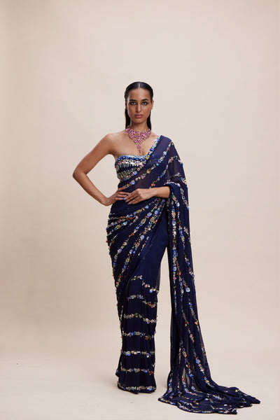 Kangana Trehan Midnight Blue Embellished Saree indian designer wear online shopping melange singapore