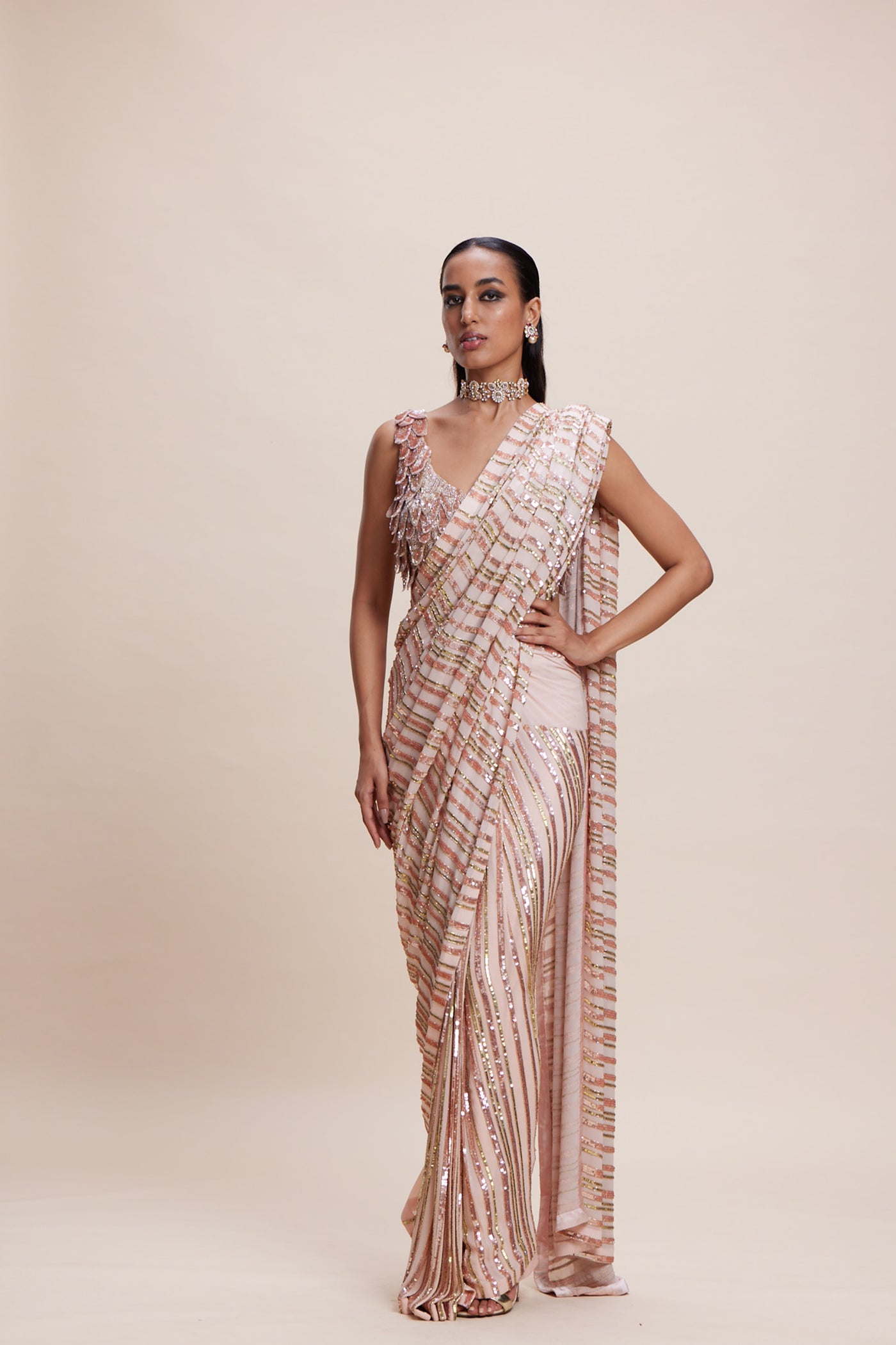 Kangana Trehan Peach Sequin Saree indian designer wear online shopping melange singapore