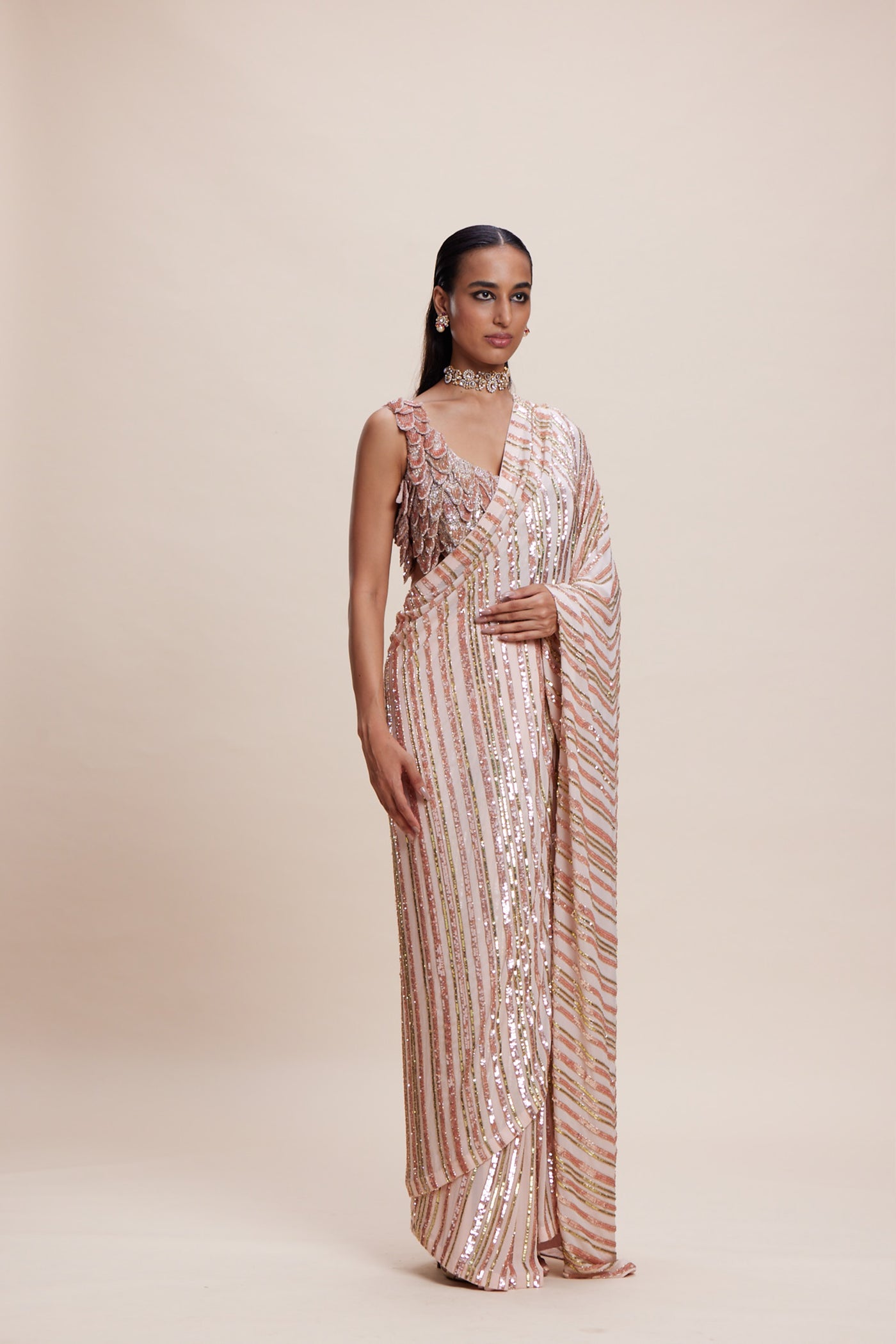 Kangana Trehan Peach Sequin Saree indian designer wear online shopping melange singapore