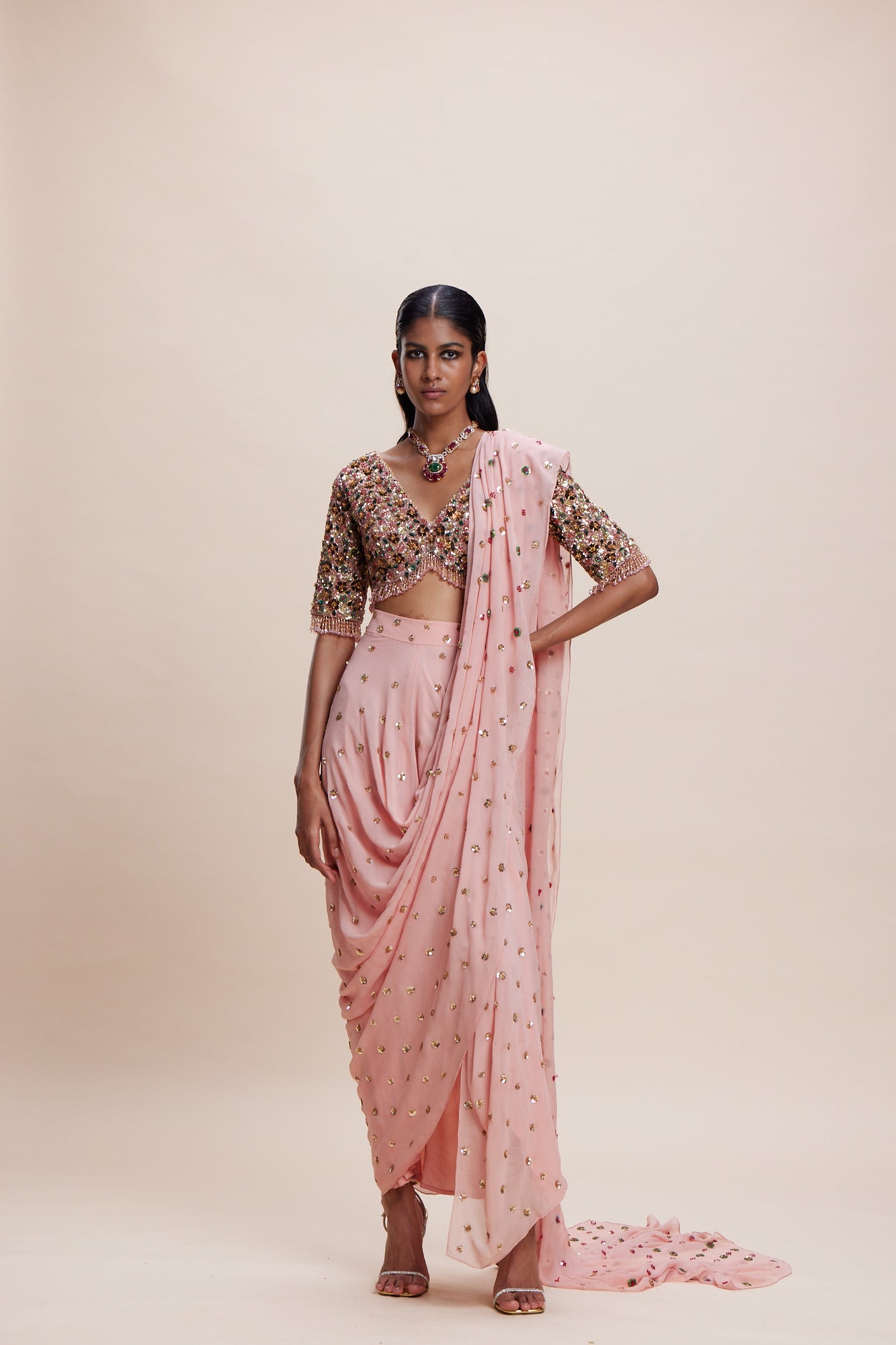 Kangana Trehan Pink Drape Saree indian designer wear online shopping melange singapore