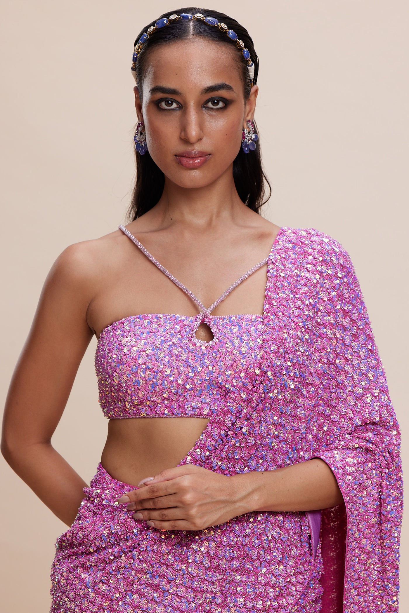 Kangana Trehan Pink Embellished Draped Saree indian designer wear online shopping melange singapore
