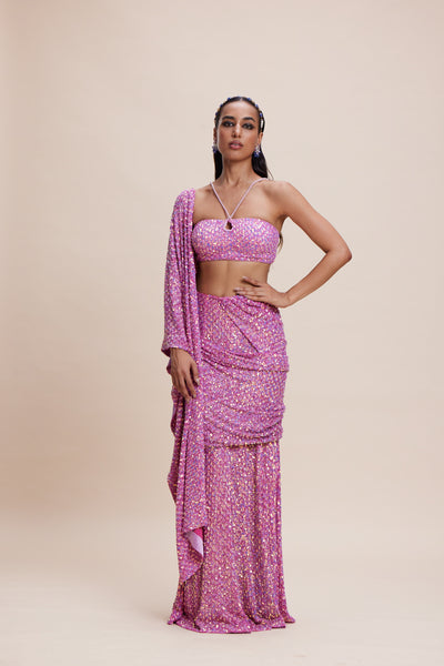 Kangana Trehan Pink Embellished Draped Saree indian designer wear online shopping melange singapore
