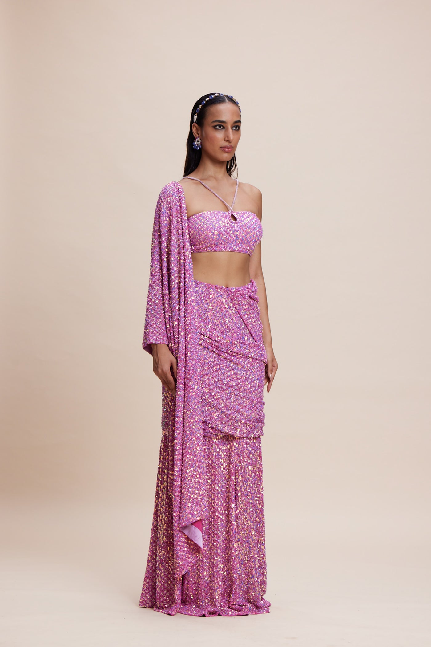 Kangana Trehan Pink Embellished Draped Saree indian designer wear online shopping melange singapore
