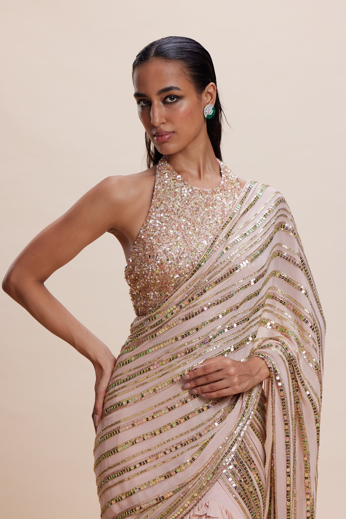 Kangana Trehan Pink Ruffle Saree indian designer wear online shopping melange singapore