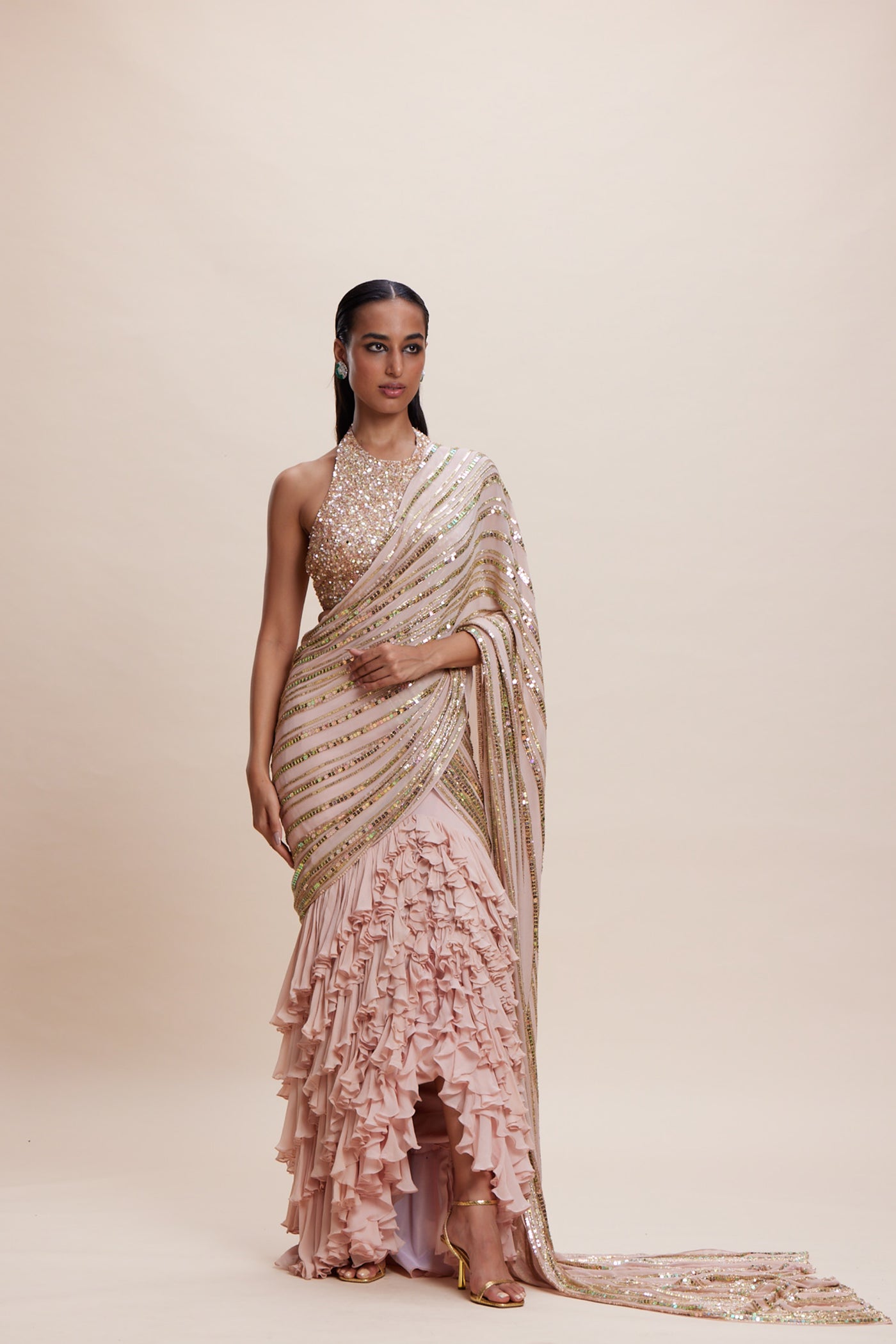 Kangana Trehan Pink Ruffle Saree indian designer wear online shopping melange singapore