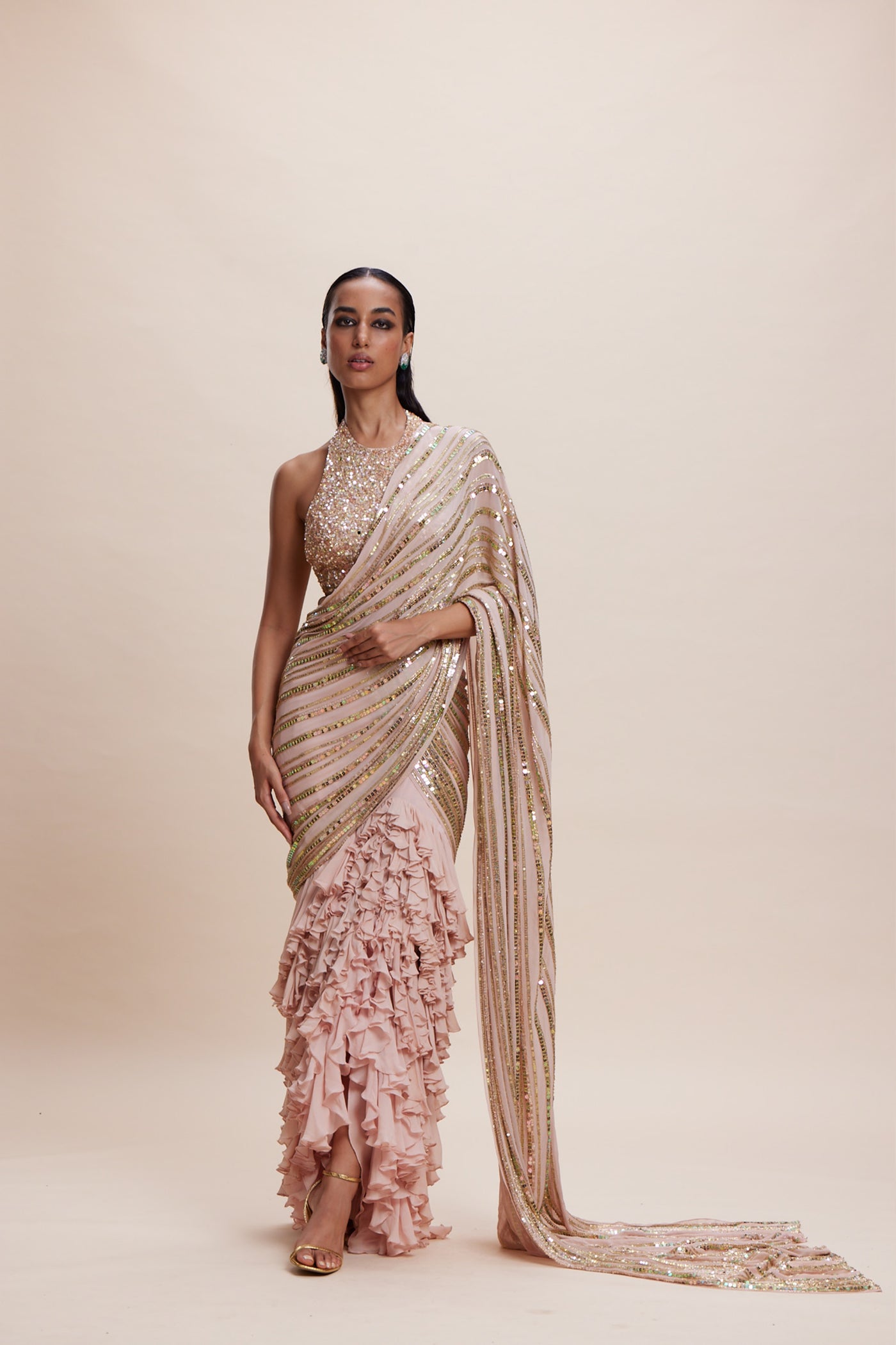 Kangana Trehan Pink Ruffle Saree indian designer wear online shopping melange singapore