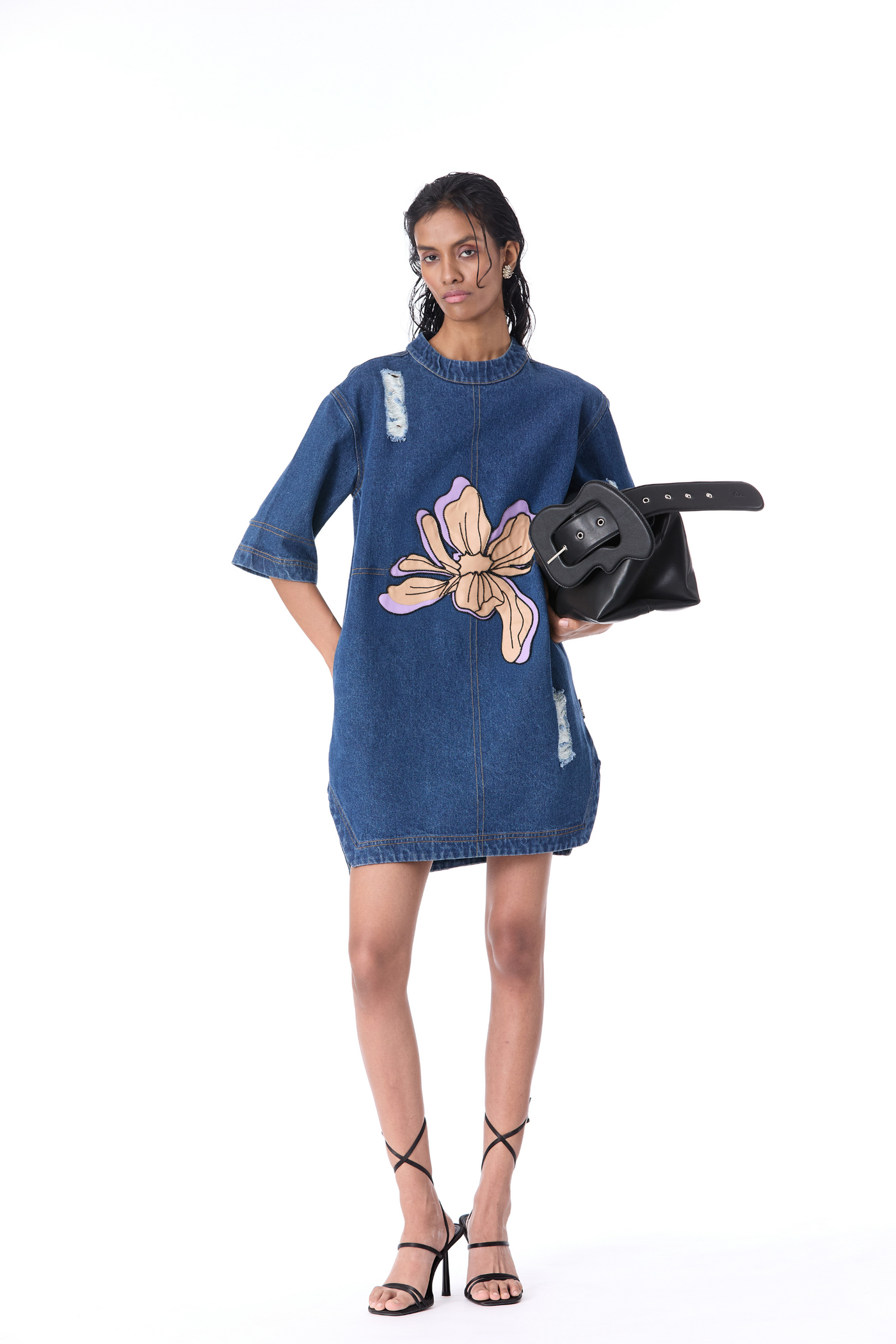 Kanika Goyal Ixia Applique Denim Dress indian designer wear online shopping melange singapore