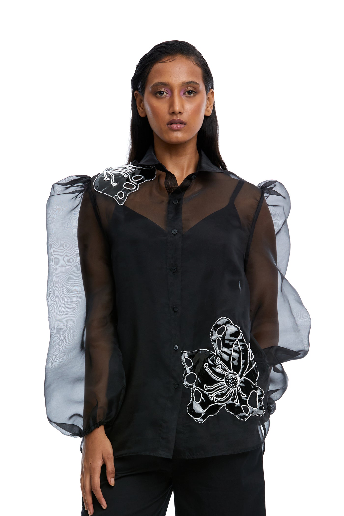 Kanika Goyal Label Luna Embellished Organza Shirt Black indian designer wear online shopping melange singapore