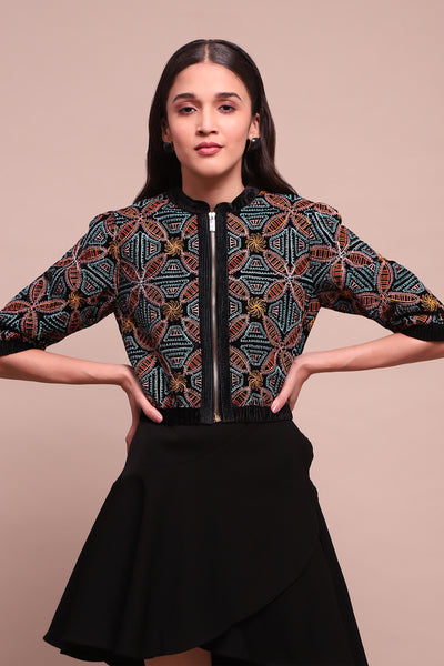 Label Ritu Kumar Black Estrella Velvet Crop Jacket indian designer wear online shopping melange singapore