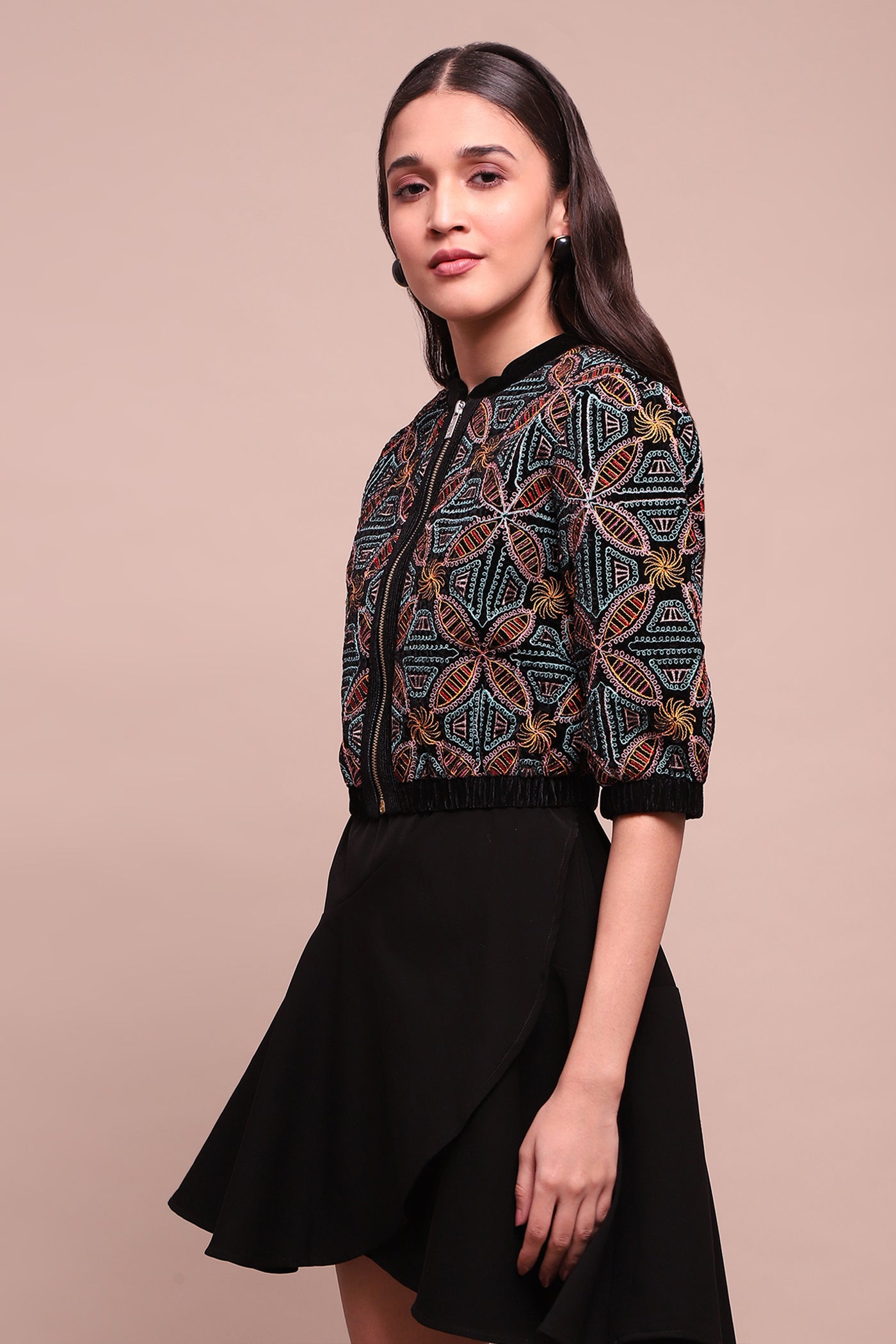 Label Ritu Kumar Black Estrella Velvet Crop Jacket indian designer wear online shopping melange singapore