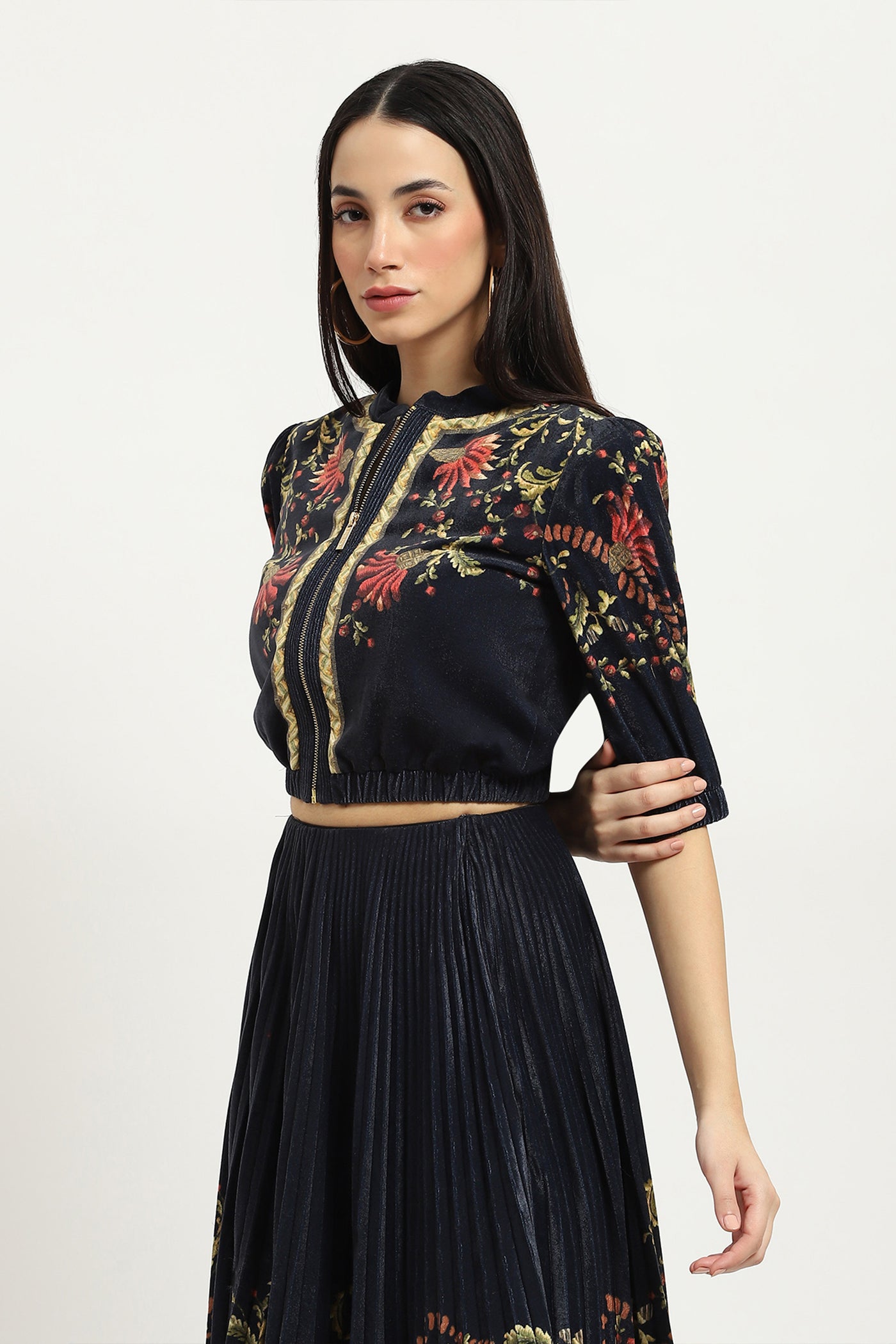 Label Ritu Kumar Black Itzel Velvet Crop Jacket indian designer wear online shopping melange singapore