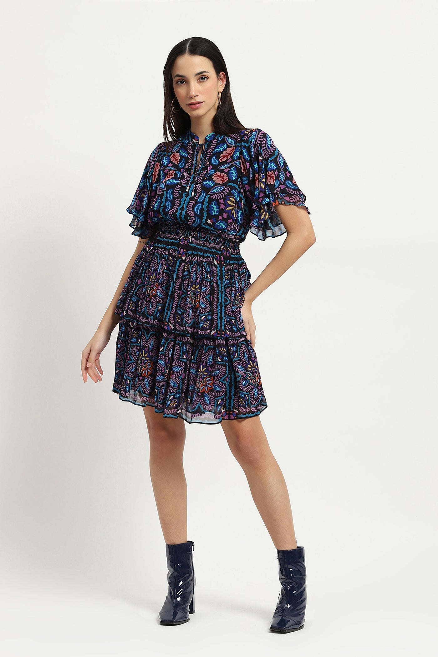 Label Ritu Kumar Blue Blair Skater Dress indian designer wear online shopping melange singapore