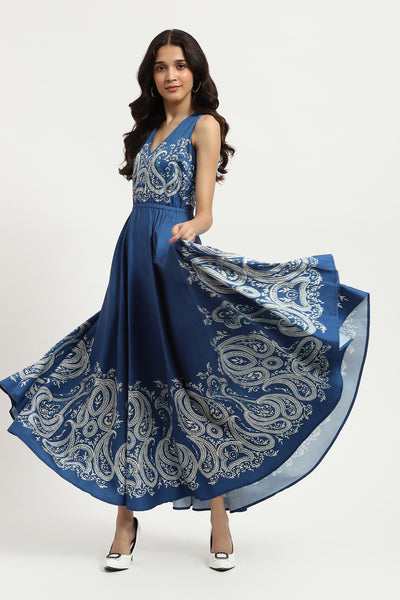 Label Ritu Kumar Blue Fallon Long Dress indian designer wear online shopping melange singapore