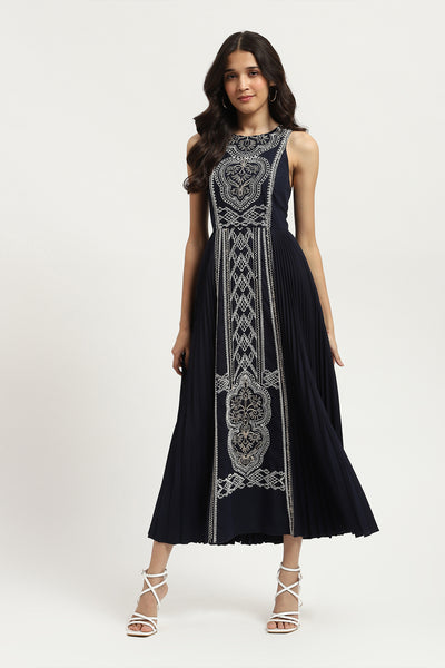 Label Ritu Kumar Blue Janette Satin Long Dress indian designer wear online shopping melange singapore
